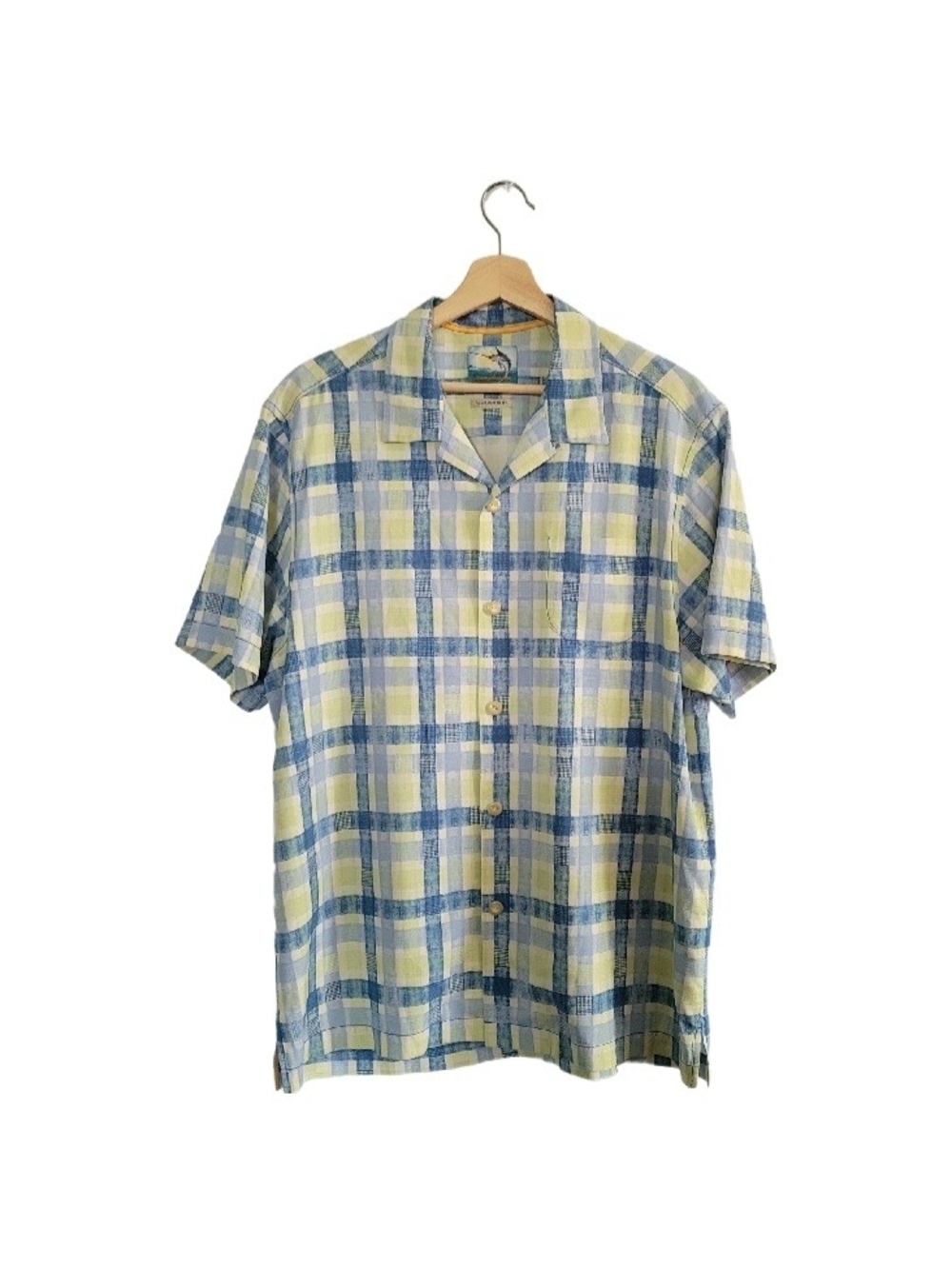 TOMMY Bahama Island Modern Fit Silk Blend Plaid Camp Shirt SZ L Blue/Yellow